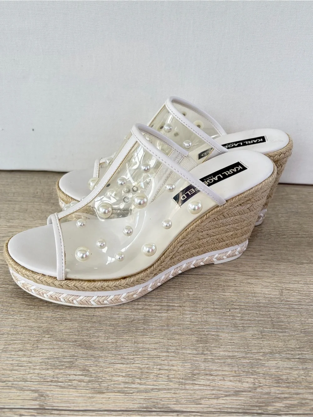 Karl Lagerfeld Paris Corissa wedge sandals Espadrilles Pearls Womens 36 6 White